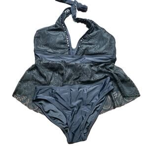 NWT Beachsissi Women’s Tankini Set Black Lace Top Black Bottoms M